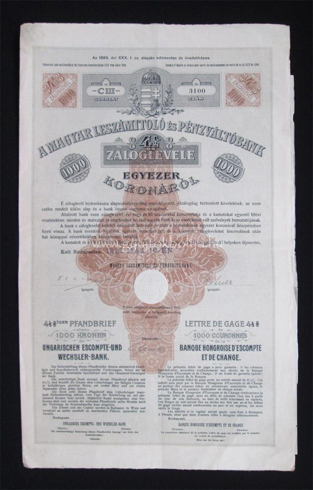 Magyar Leszmitol s Pnzvlt Bank 4,5% zloglevl 1000 k 1912